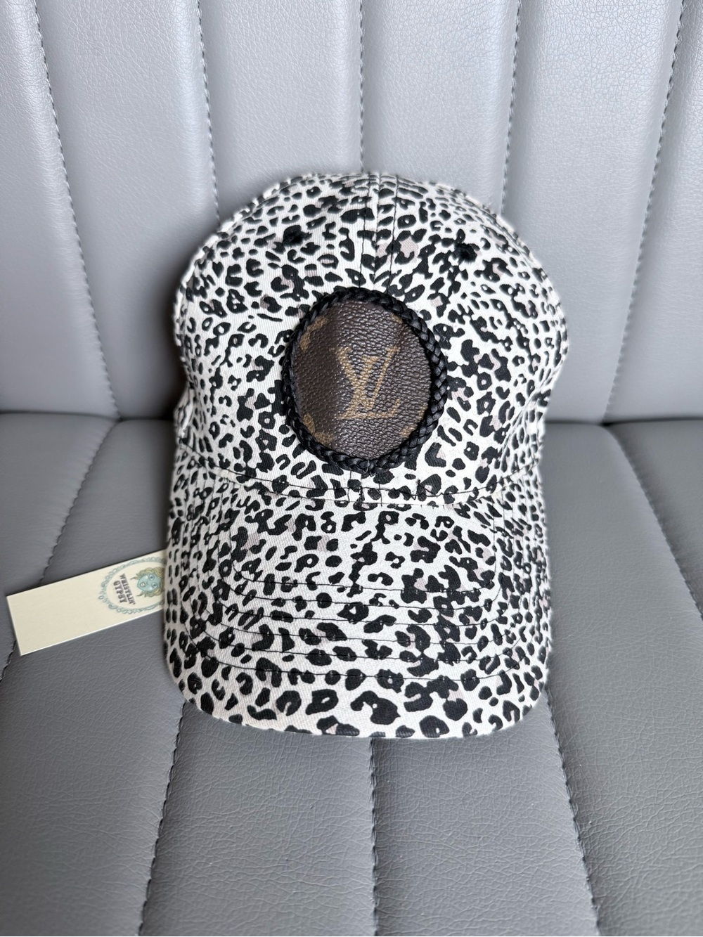 Leopard Print Baseball Cap with Monogram Patch - Black & White